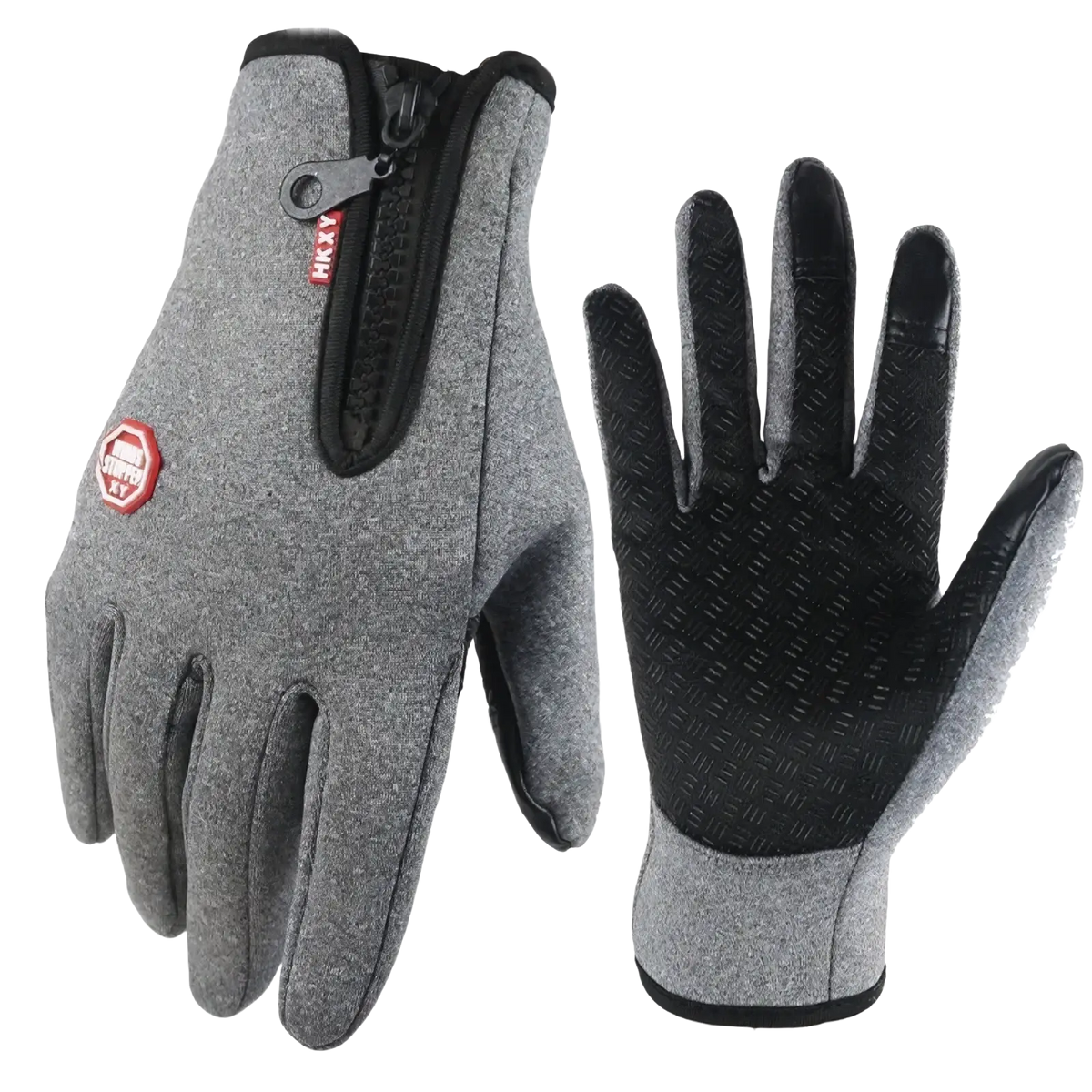 Gray and black windproof touchscreen cycling gloves with textured grip and zippered wrist pocket shown from the back side