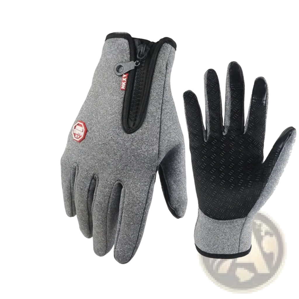 Gray windproof touchscreen cycling gloves with black textured fingertips and zippered wrist pocket shown from back side