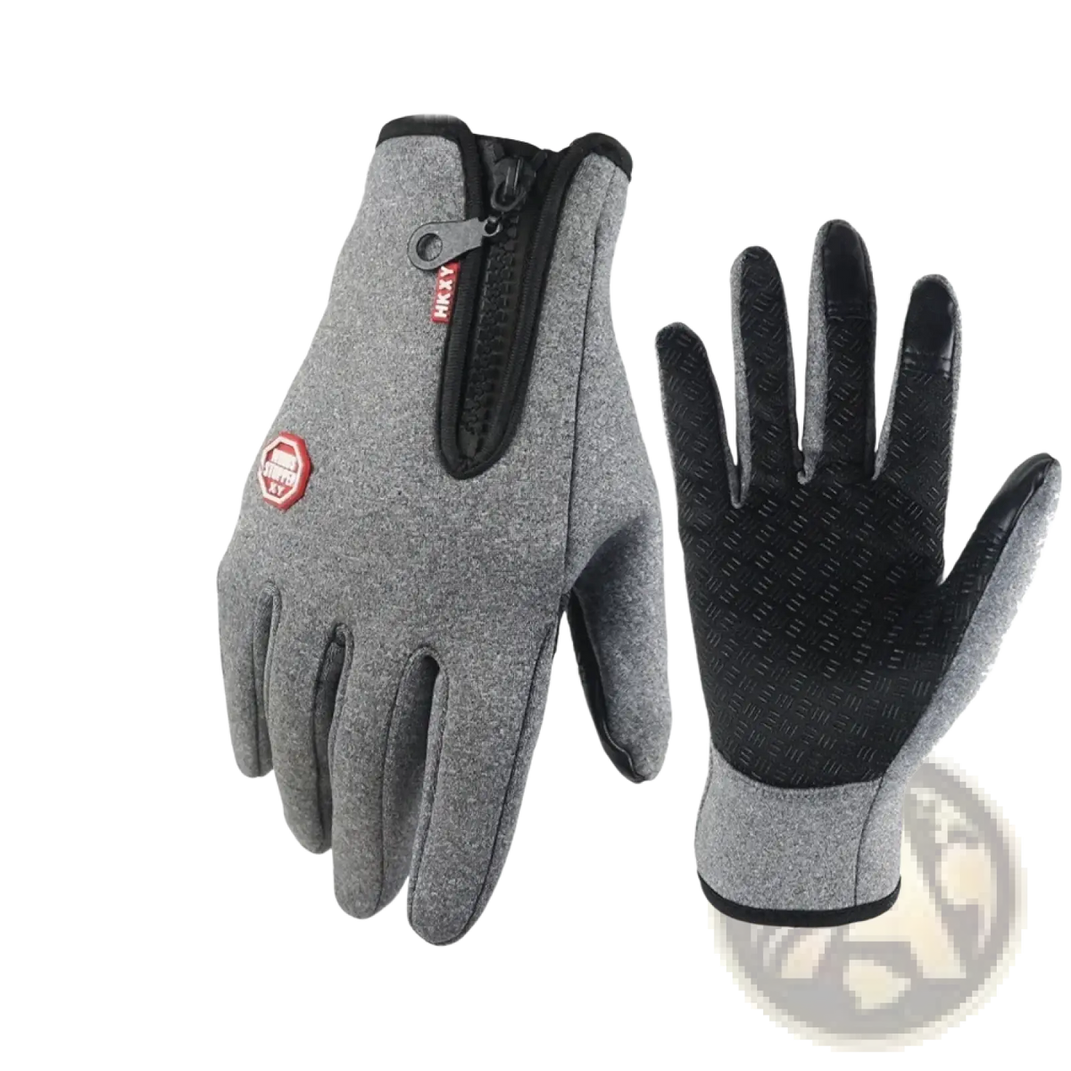 Gray windproof touchscreen cycling gloves with black textured fingertips and zippered wrist pocket shown from back side