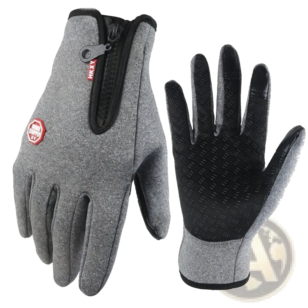 Gray and black windproof touchscreen cycling gloves with textured grip and zippered wrist pocket shown from the back side