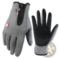 Gray and black windproof touchscreen cycling gloves with textured grip and zippered wrist pocket shown from the back side