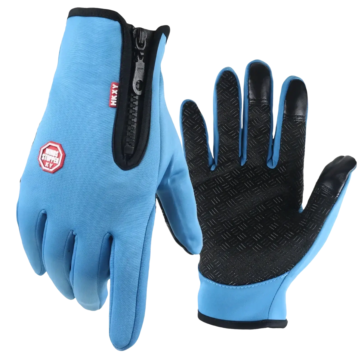 Light blue and black windproof touchscreen cycling gloves with zipper wrist and textured palm grip for men and women