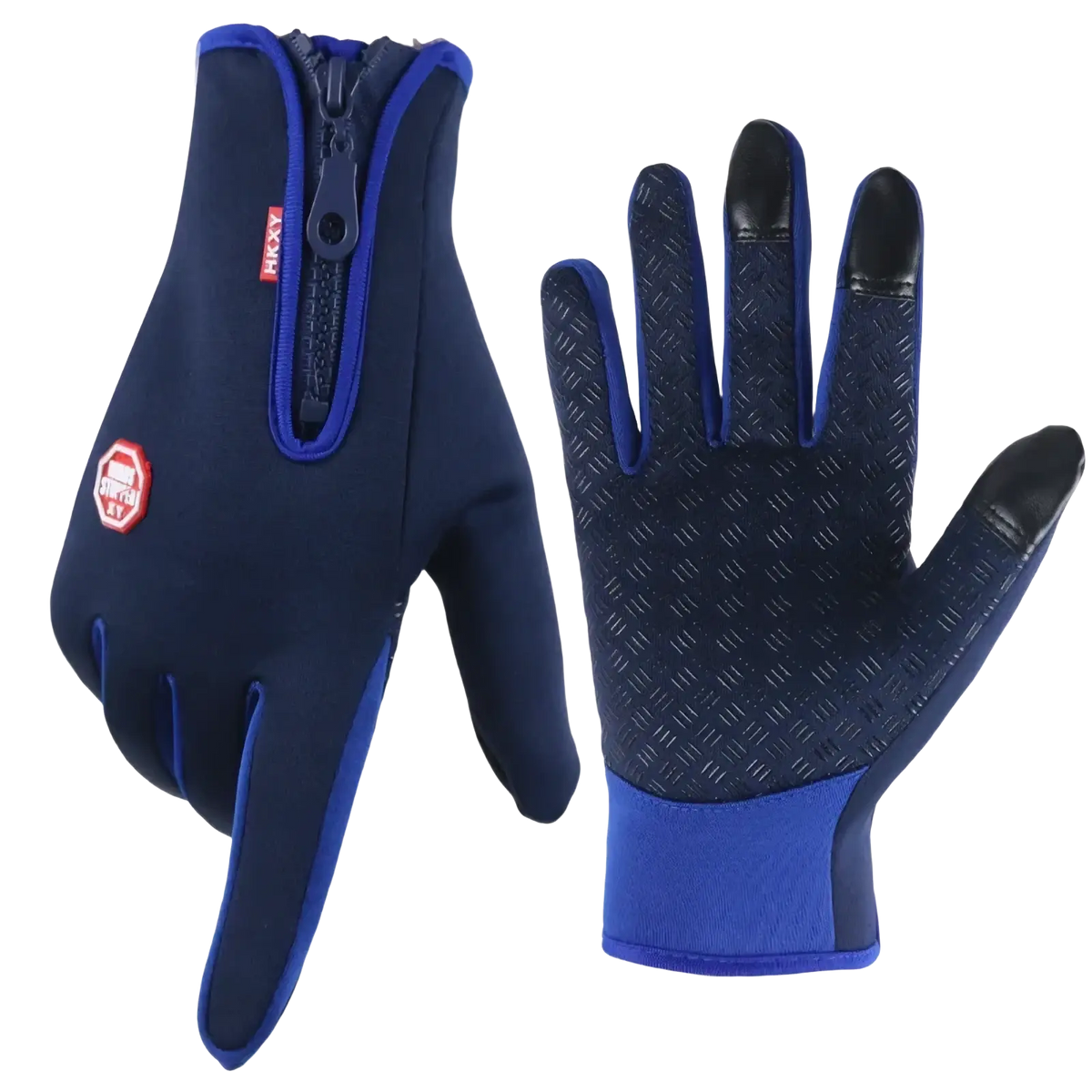 Navy and royal blue windproof touchscreen cycling gloves with black textured fingertips and zipper closure shown from back side