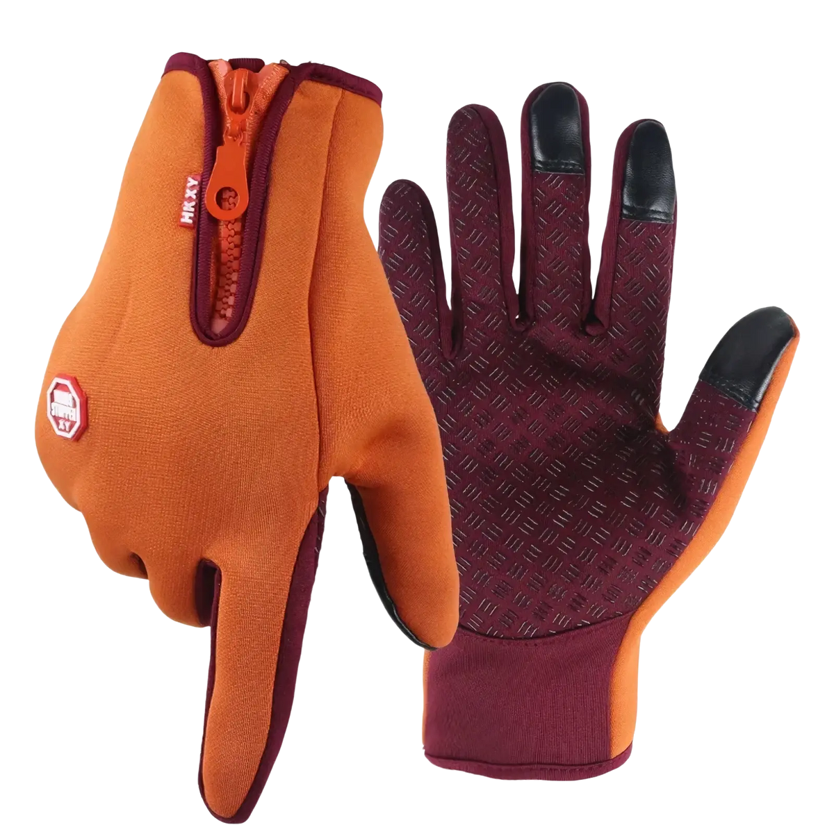 Back of windproof touchscreen cycling gloves in orange and maroon with black fingertips and zipper closure for men and women
