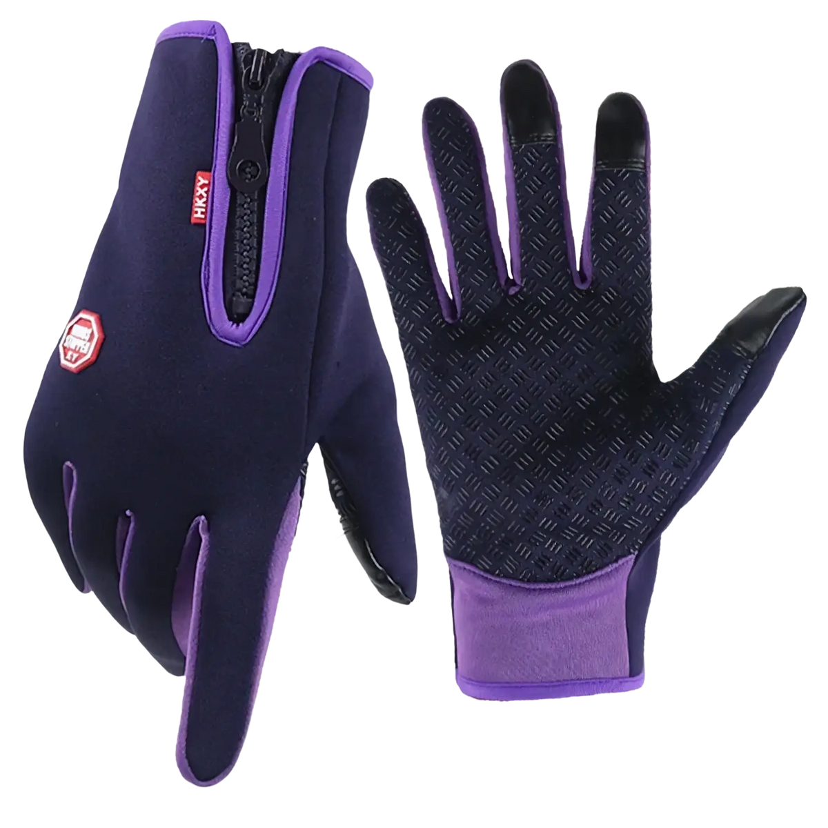 Back view of purple and black hkyy windproof touchscreen cycling gloves with zipper on the back for men and women