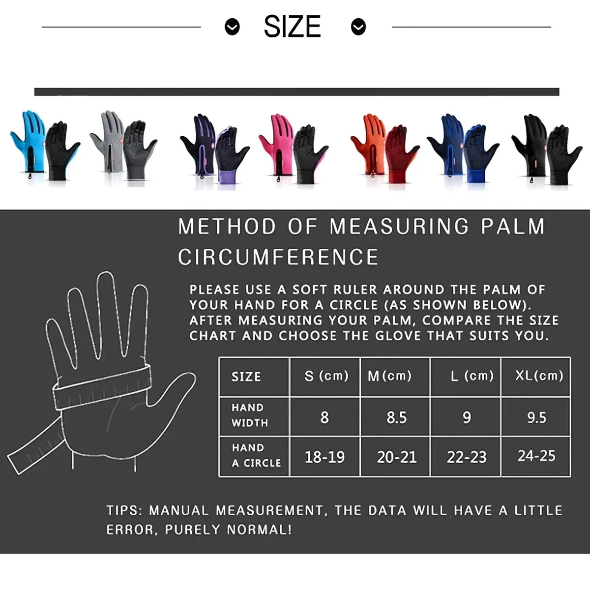 A row of colorful windproof touchscreen cycling gloves for men and women in waterproof blue gray black pink orange and purple