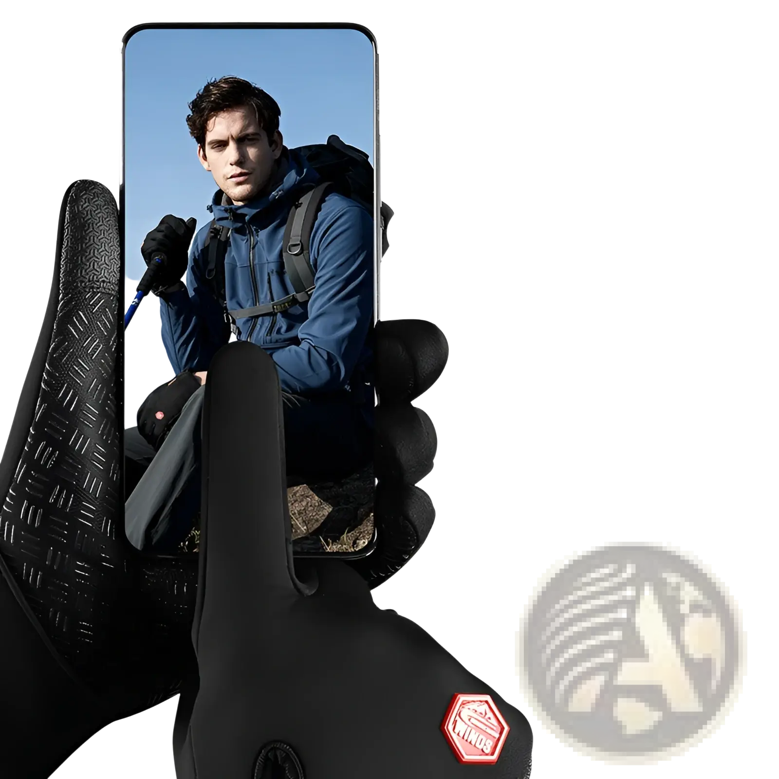 Black windproof touchscreen cycling gloves with textured grip and reinforced fingertips shown from the back side