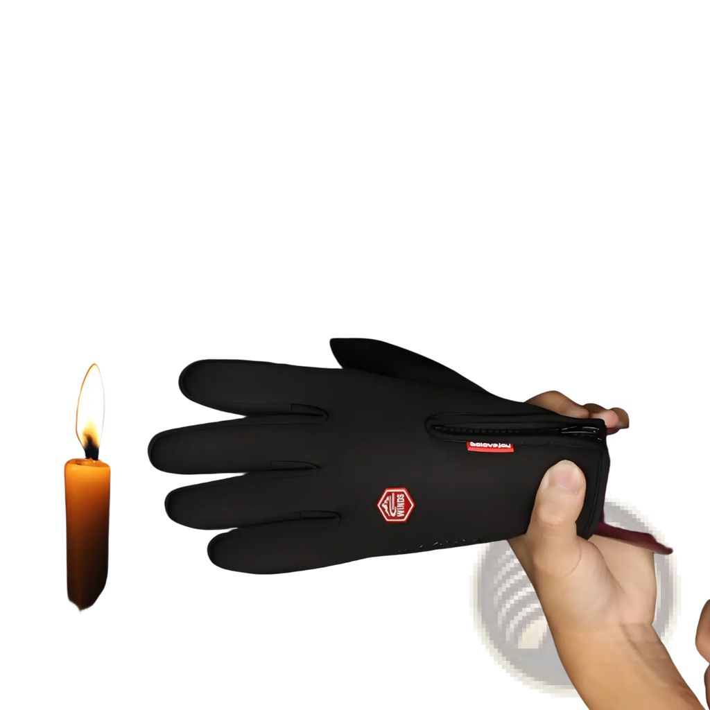 Black neoprene windproof touchscreen cycling glove with red logo and wrist zipper held against dark background near candle