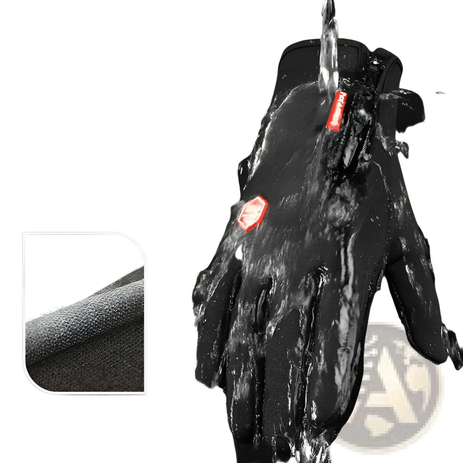 Black waterproof windproof touchscreen cycling gloves with red accent patches and textured fabric back side
