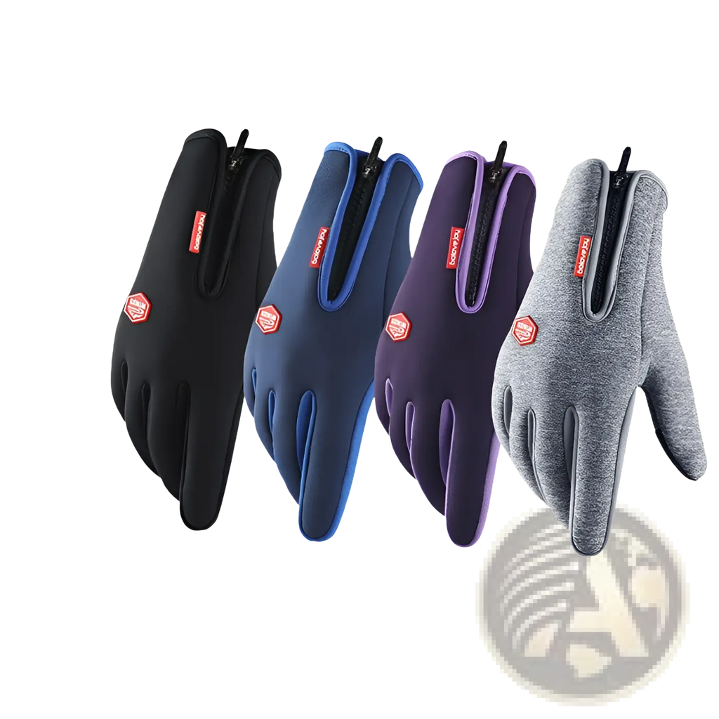 Back side of four pairs of windproof touchscreen cycling gloves in black navy purple and heather gray with zippers and red logos