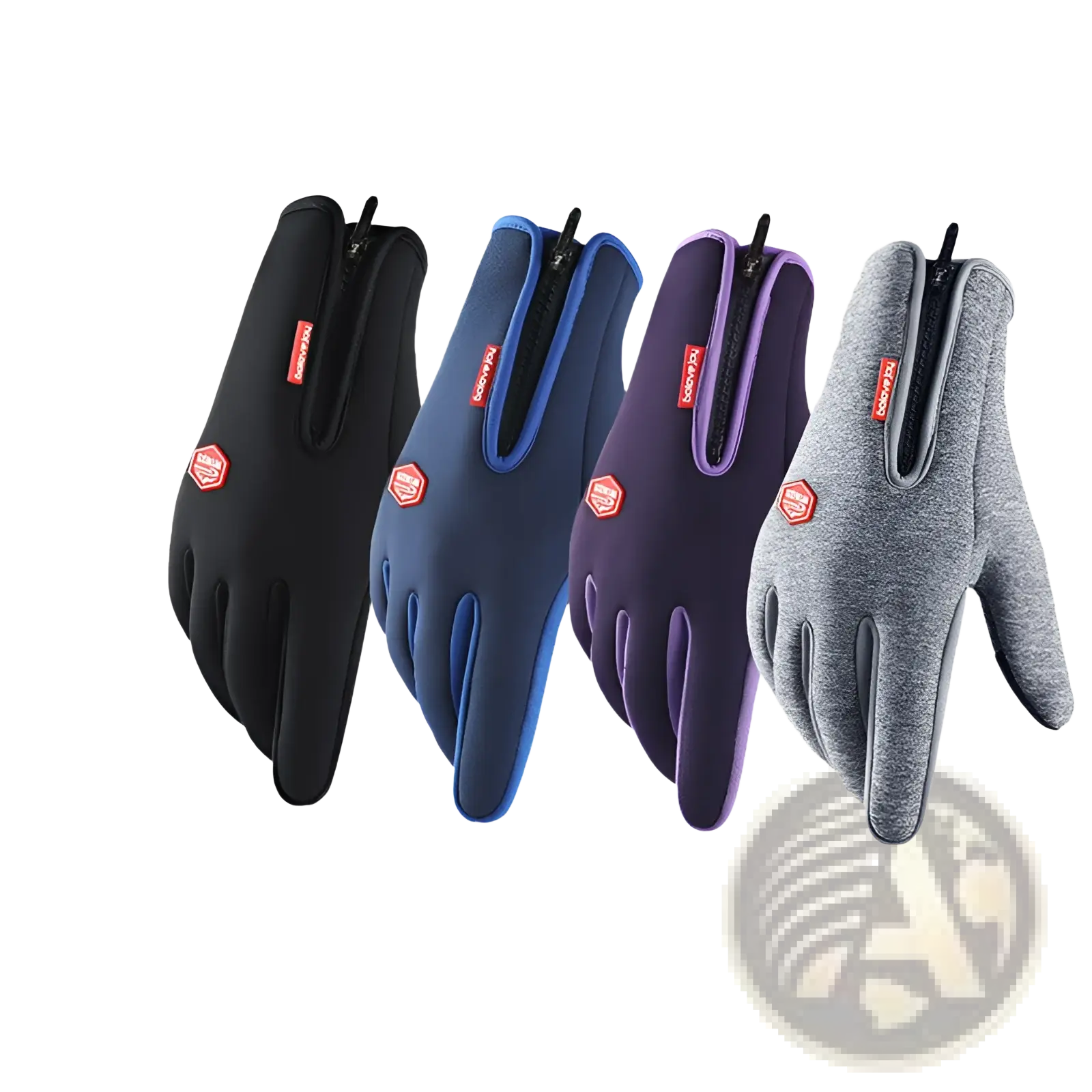 Back side of four pairs of windproof touchscreen cycling gloves in black navy purple and heather gray with zippers and red logos
