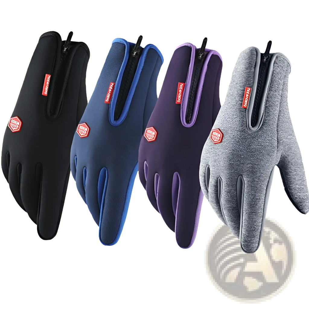Four pairs of windproof fleece-lined cycling gloves in black navy blue purple and heather gray with zippers visible