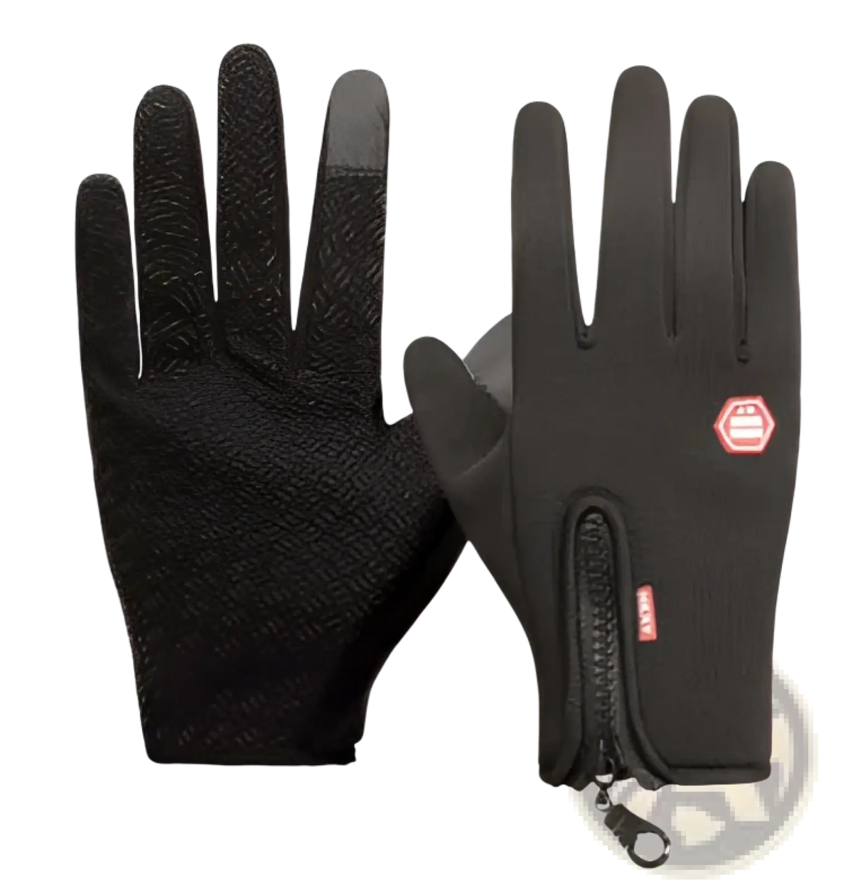 Back side of black windproof touchscreen cycling gloves with textured palm fingertips zippered wrist pocket and red logo