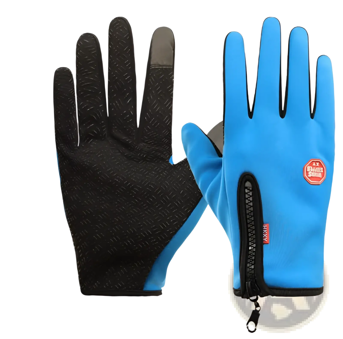 Blue and black windproof touchscreen cycling gloves showing back side with zipper pocket on one hand for secure storage
