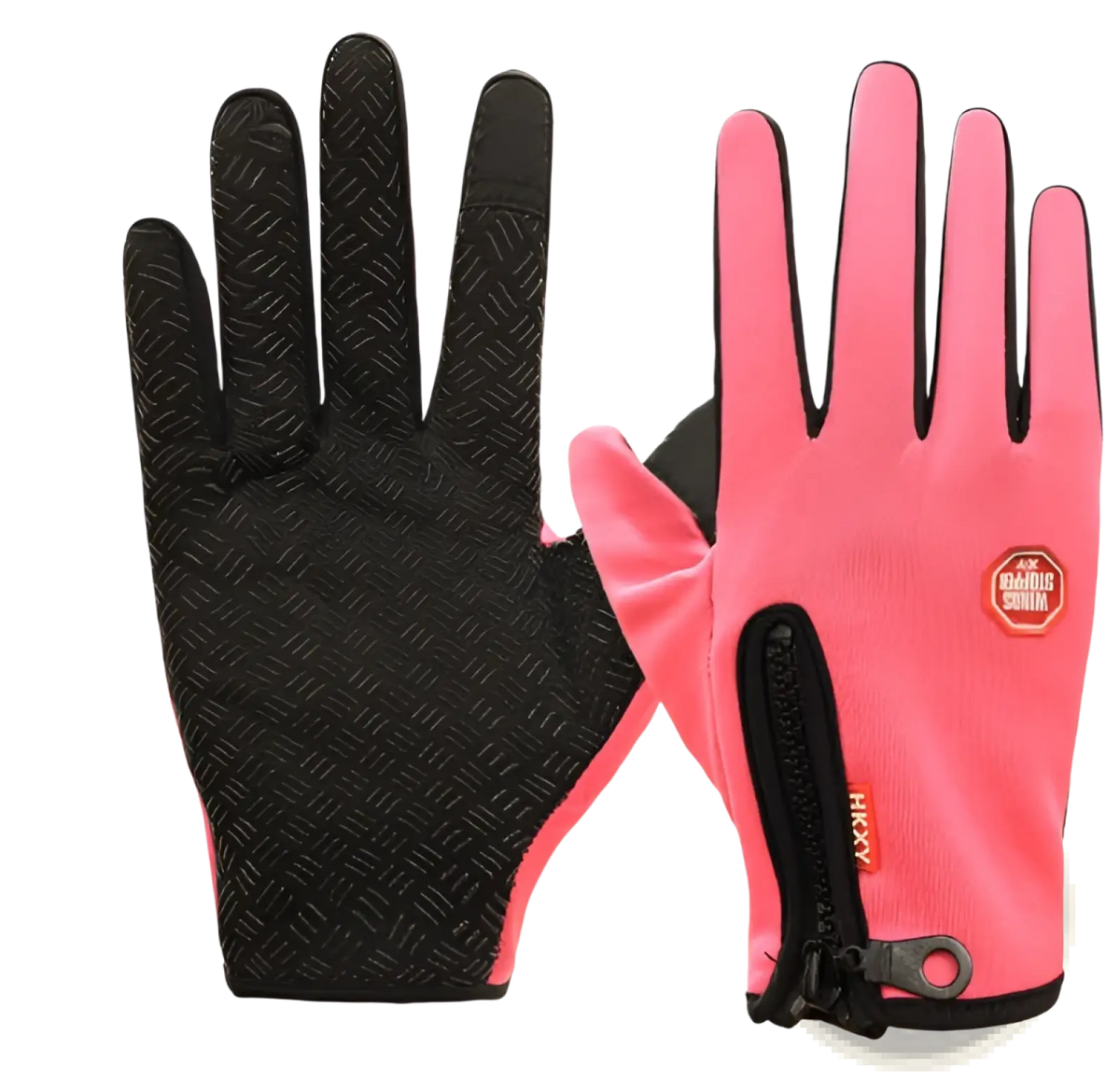 Windproof touchscreen cycling gloves in pink and black with textured grip on the palms displayed from the back side
