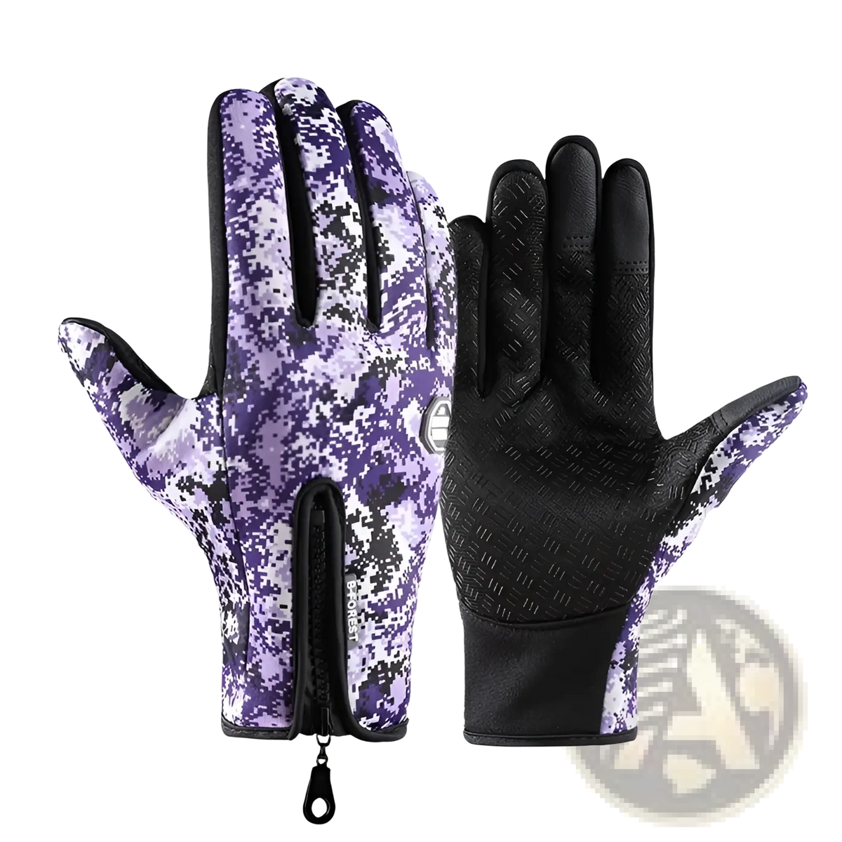 Purple and black digital camouflage windproof touchscreen cycling gloves with fleece lining for thermal outdoor sports