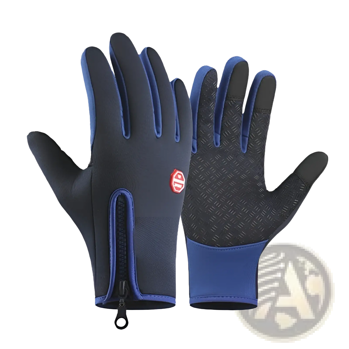 Blue and black windproof touchscreen cycling gloves with fleece lining, textured palm grip, and wrist zipper for outdoor sports