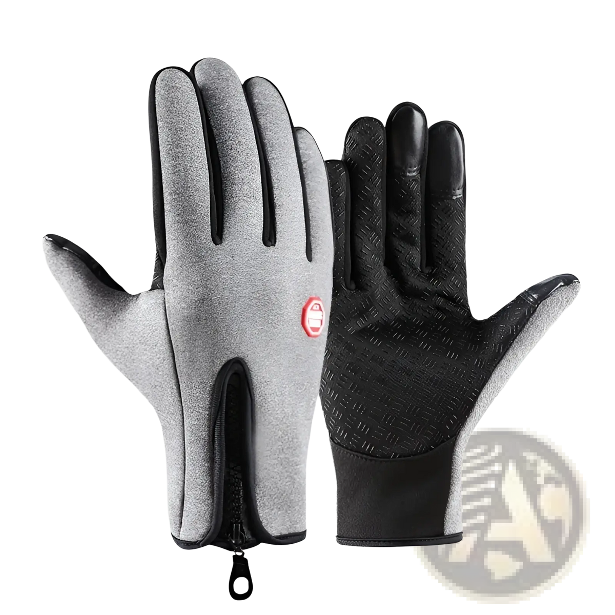 Gray and black windproof fleece cycling gloves with textured grip on fingers for thermal outdoor sports use shown from back side