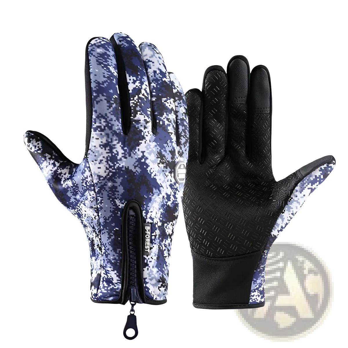 A pair of windproof touchscreen cycling gloves with blue and white digital camouflage back and black textured palms