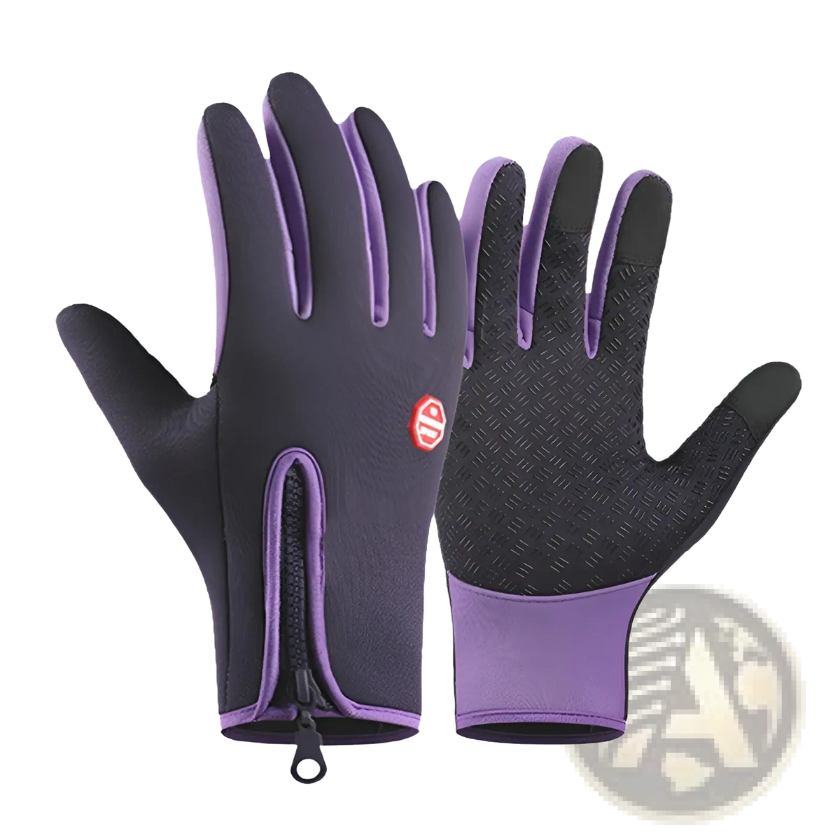 Purple and black windproof thermal touchscreen cycling gloves with zipper closure at the wrist for outdoor sports