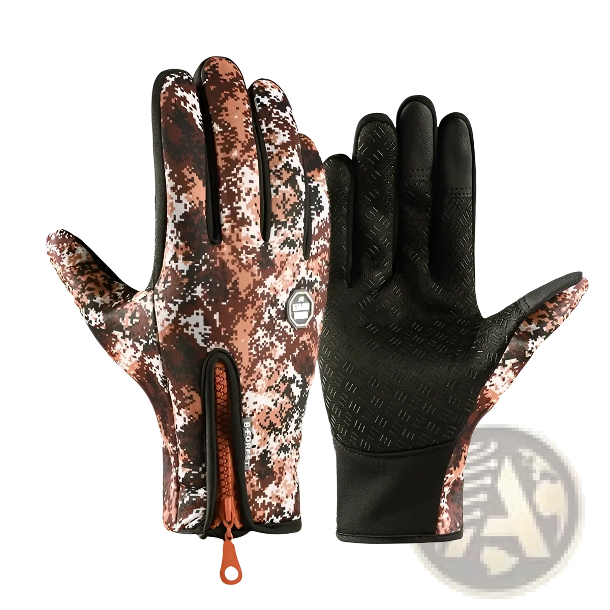 A pair of windproof touchscreen cycling gloves with brown white digital camouflage back and black textured grip palms
