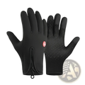 Black windproof touchscreen cycling gloves with textured grip palm and red logo for thermal outdoor sports use
