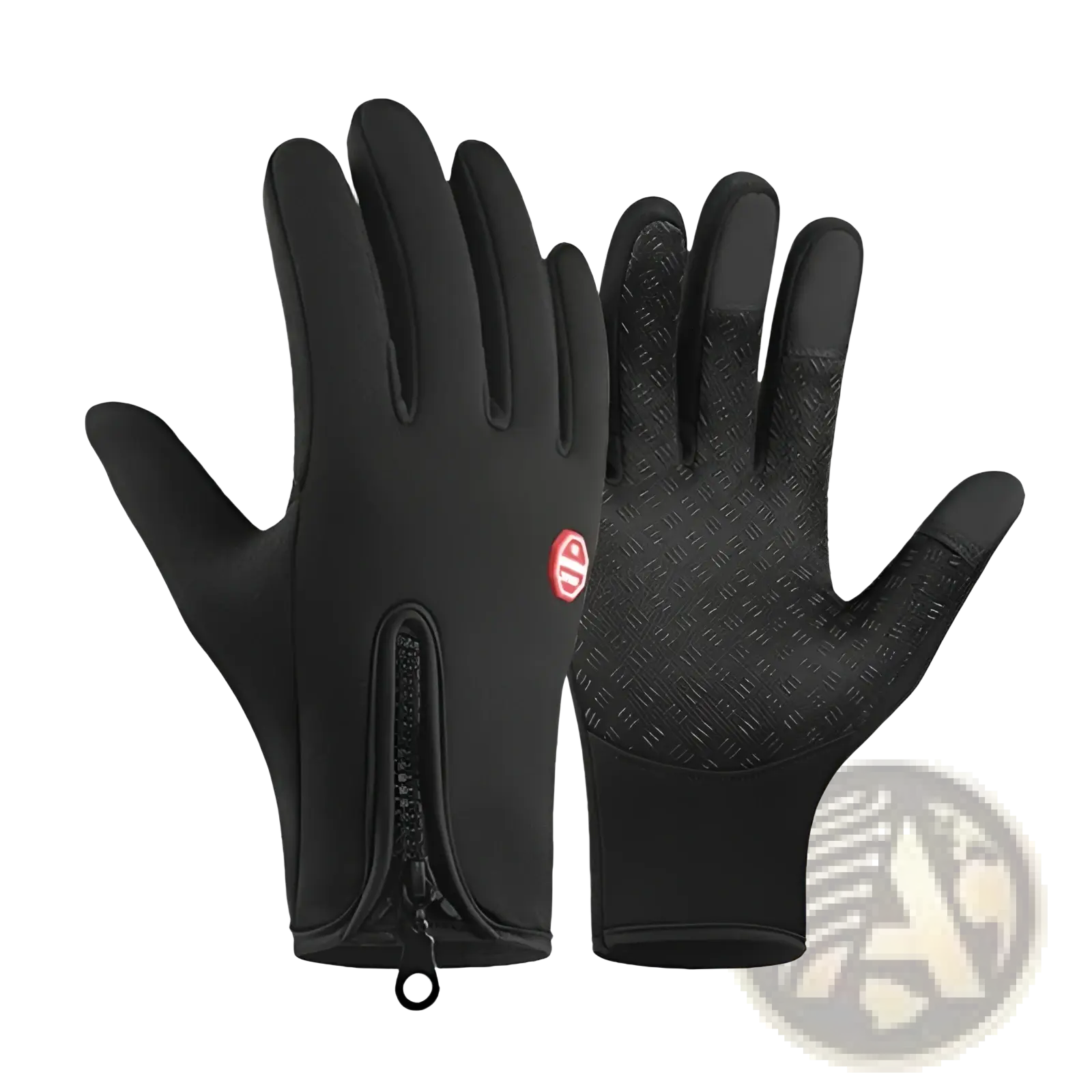 Black windproof touchscreen cycling gloves with textured grip palm and red logo for thermal outdoor sports use