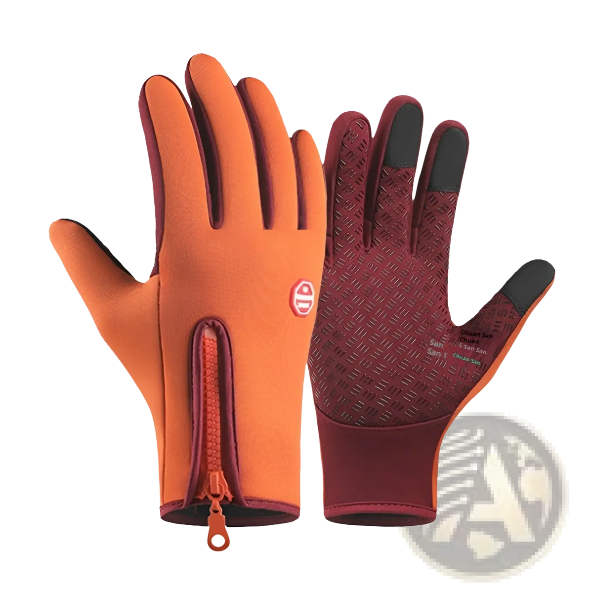 Orange and maroon windproof touchscreen cycling gloves with textured grip palms and zippered wrist pocket for outdoor sports