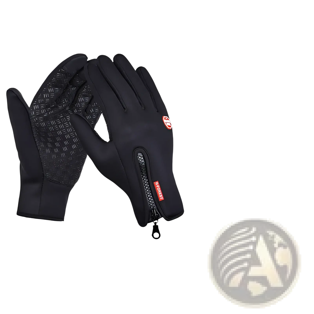 Black windproof touchscreen winter gloves with textured grip palms and zipper closure at the wrist for men and women
