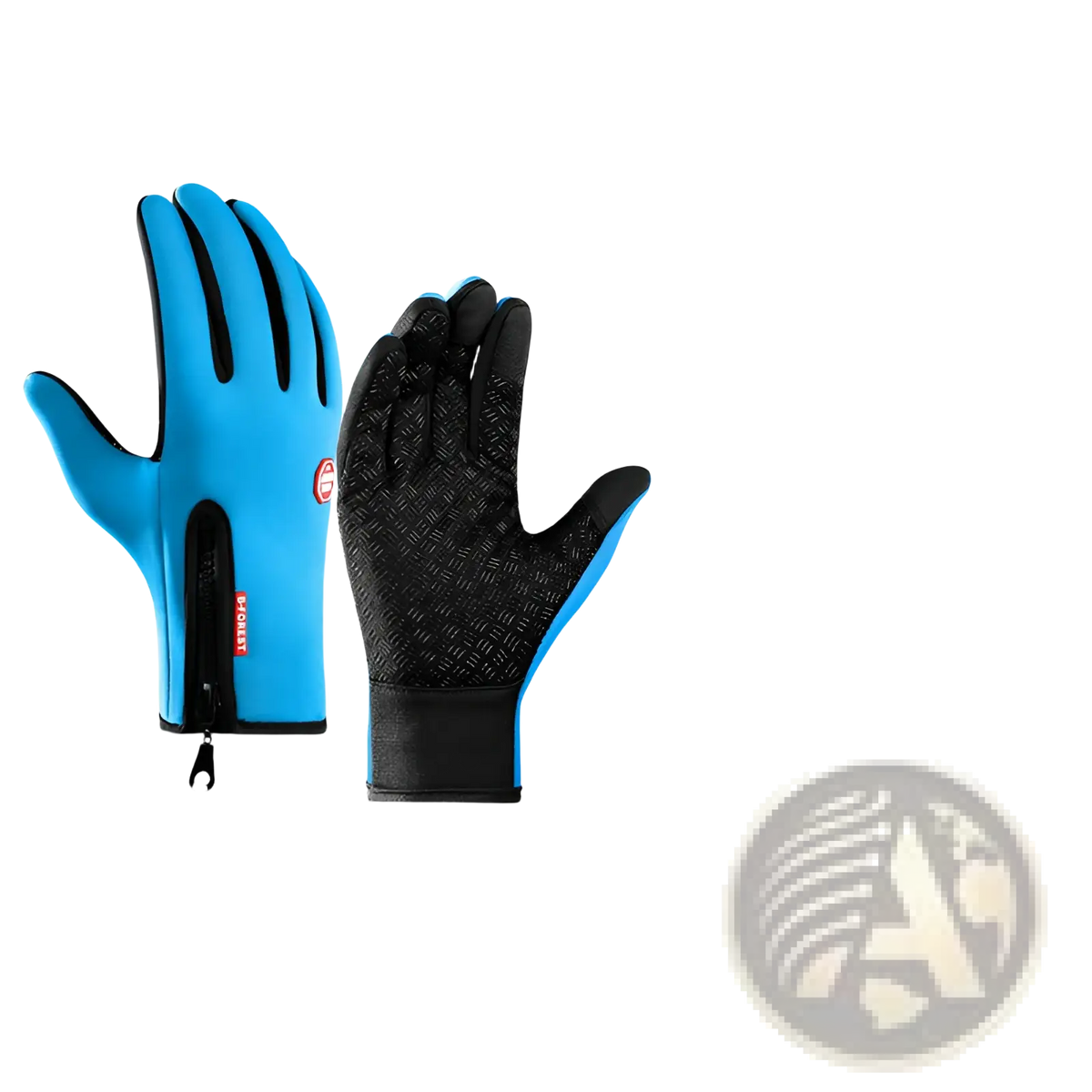 Blue and black windproof touchscreen winter gloves for men and women with textured grip palm and zipper wrist closure