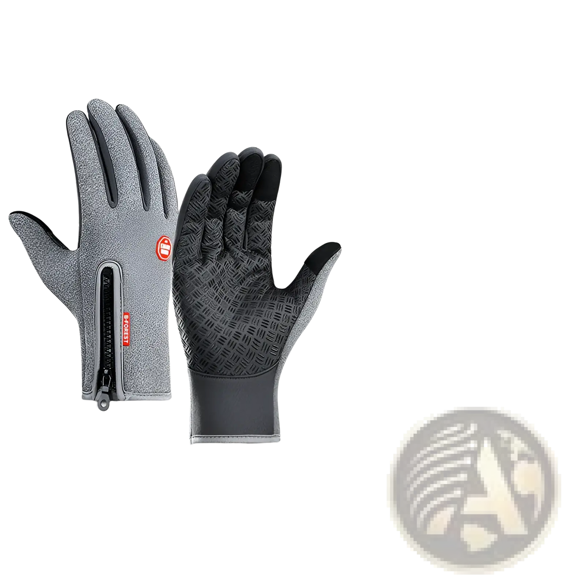 Gray windproof touchscreen winter gloves with textured grip and zippered wrist pocket for men and women