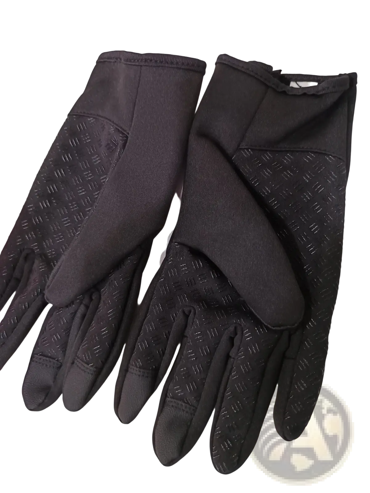 Black windproof touchscreen winter gloves with textured grip pattern on palms and fingers for men and women