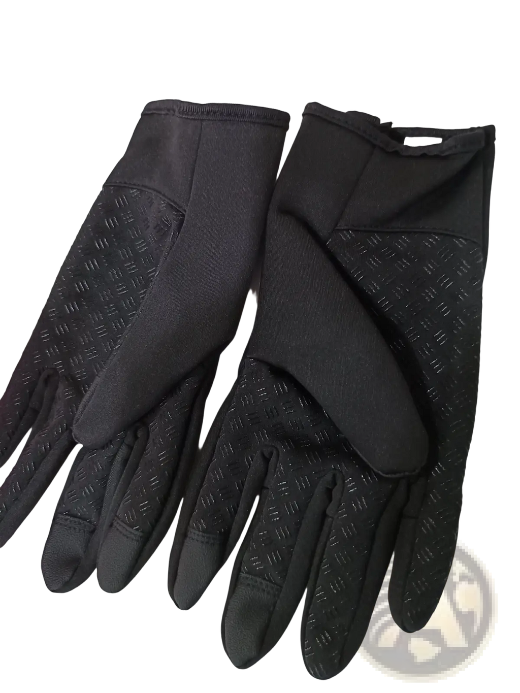 Black windproof touchscreen winter gloves for men and women with textured grip made from durable synthetic fabric