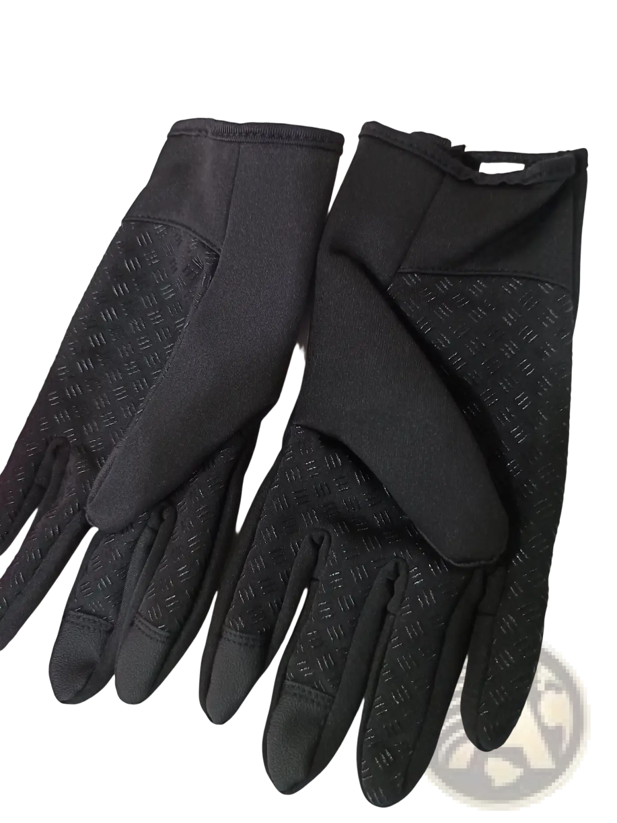 Black windproof touchscreen winter gloves for men and women with textured grip made from durable synthetic fabric