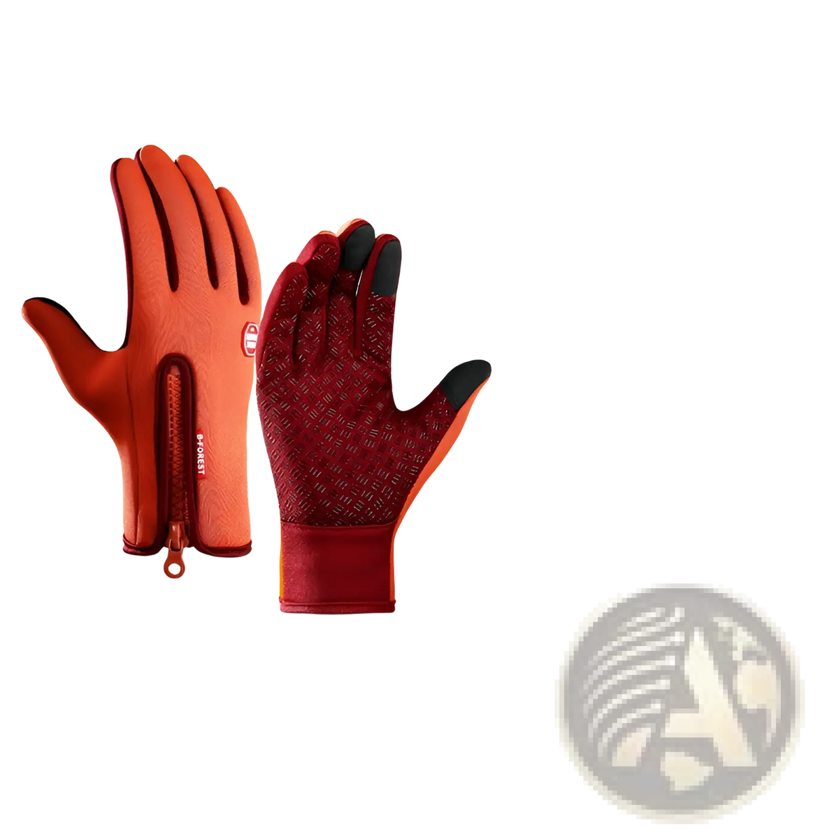Windproof touchscreen winter gloves for men and women in orange and red with textured palm black fingertips and wrist zipper
