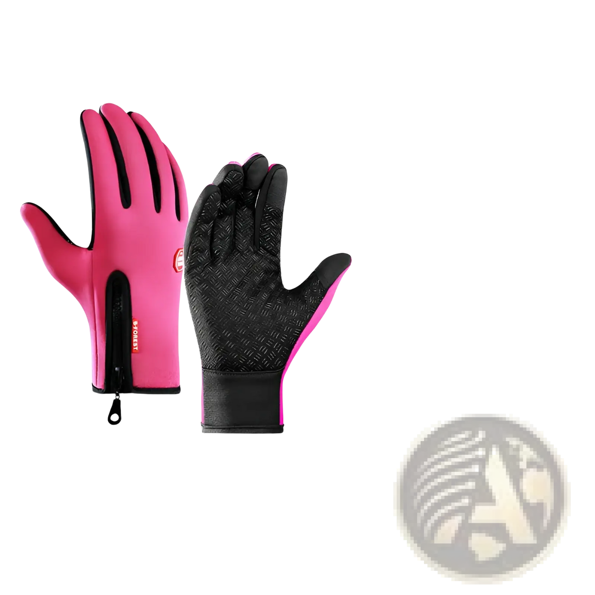Pink and black windproof touchscreen winter gloves with textured palm grip and wrist zipper for secure fit