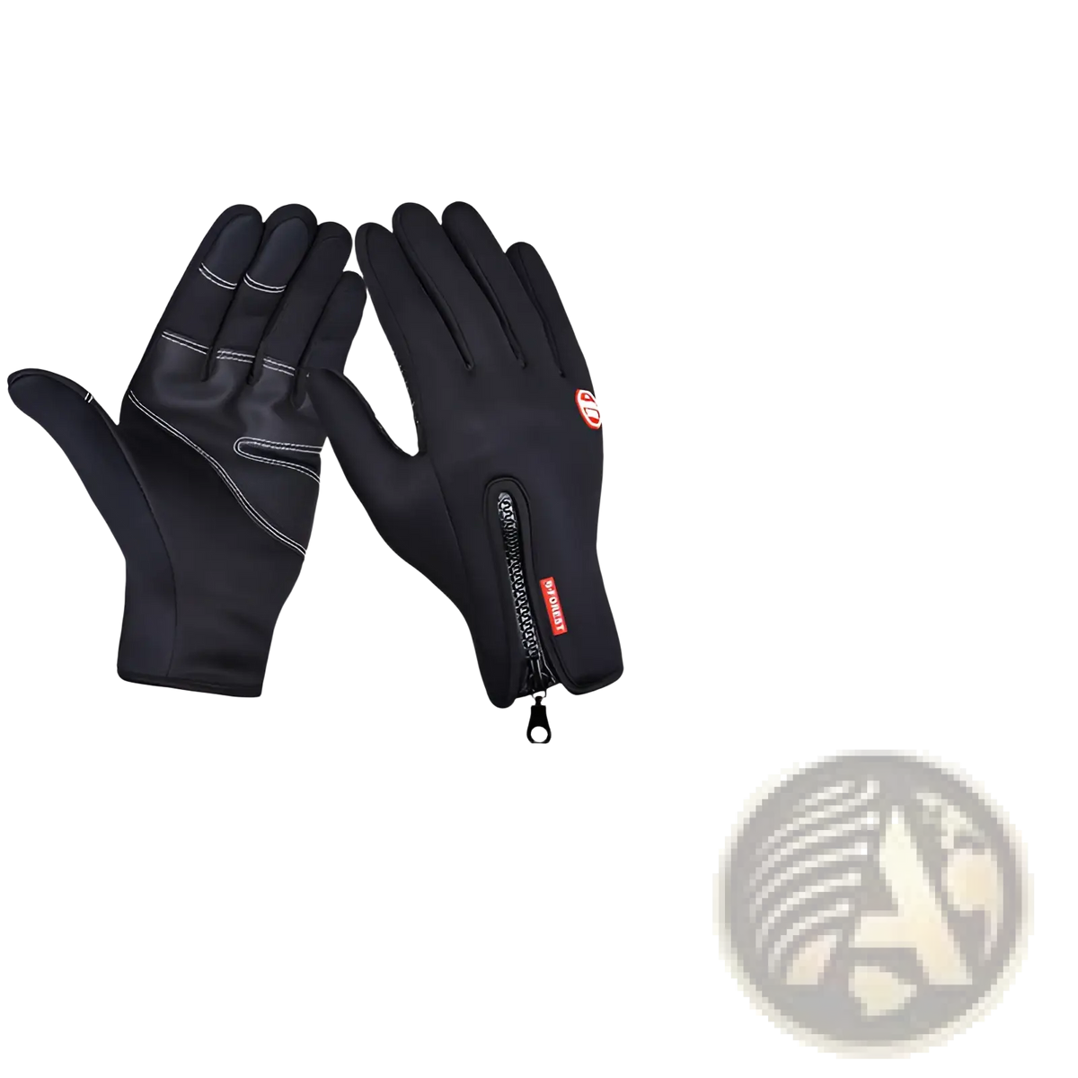 Black windproof touchscreen winter gloves with reinforced stitching and wrist zipper shown from the back side