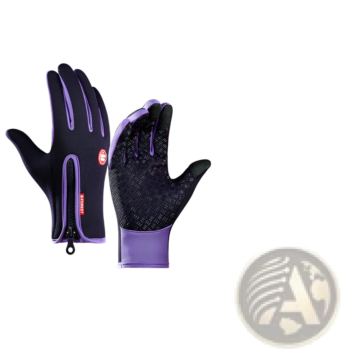 Windproof touchscreen winter gloves for men and women in purple and black with waterproof material and textured palm grip