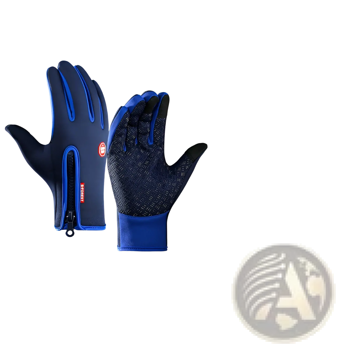 Windproof touchscreen winter gloves for men and women in blue and black with waterproof material textured grip and zipper closure