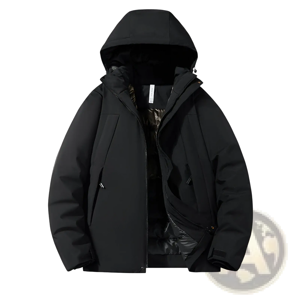 Black hooded windproof waterproof puffer jacket with quilted design and zipper-lined pockets for winter use