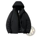 Black hooded windproof waterproof puffer jacket with quilted design and zipper-lined pockets for winter use