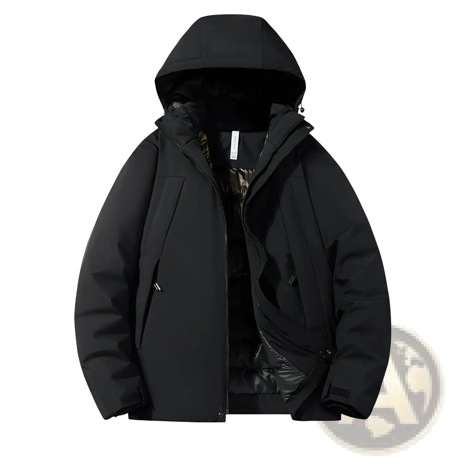 Black hooded windproof waterproof puffer jacket with quilted design and zipper-lined pockets for winter use
