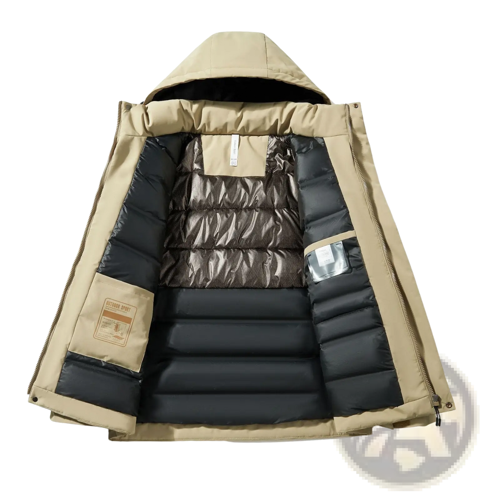 Beige windproof waterproof puffer jacket with hood black quilted lining and reflective inner panel shown from front