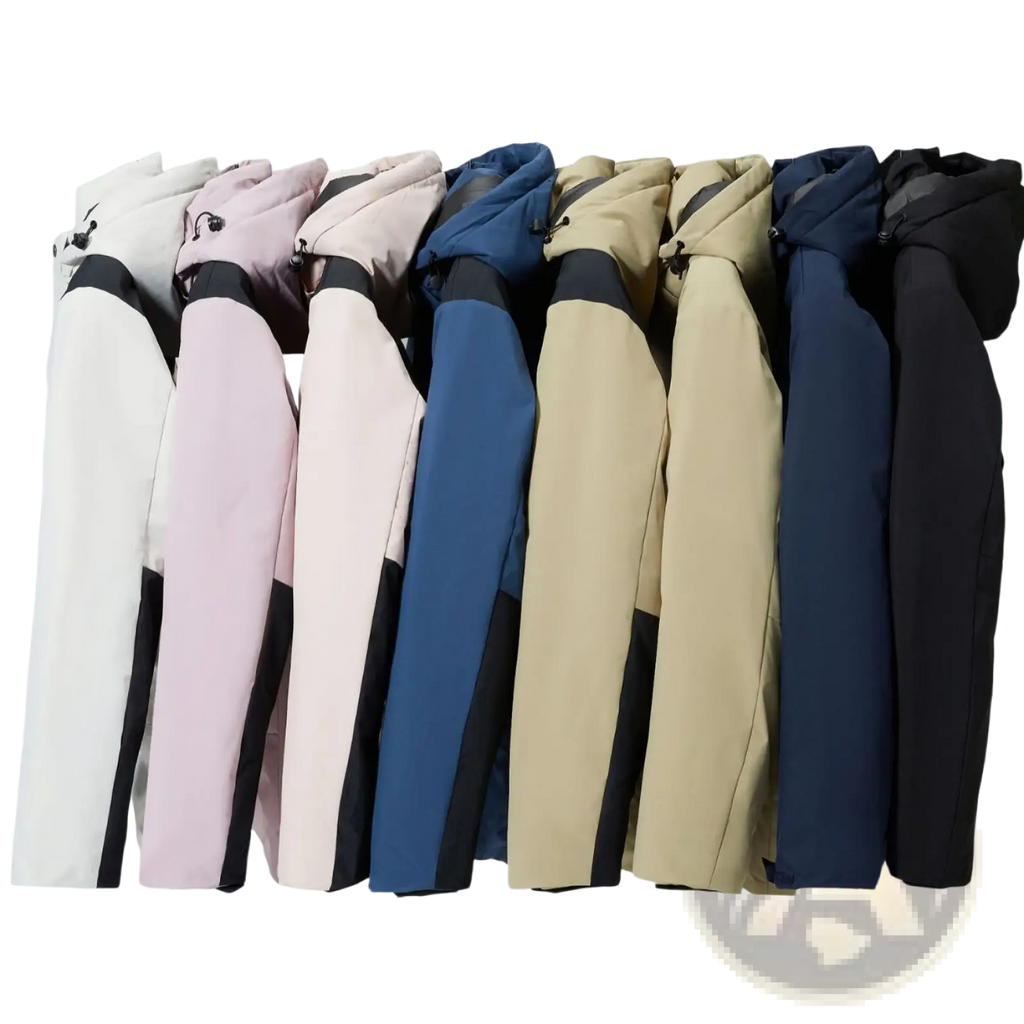 A row of modern windproof waterproof puffer jackets in pastel and navy tones with black sleeve accents