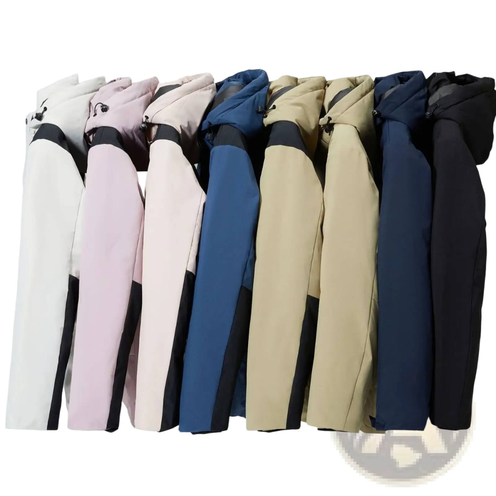 A row of modern windproof waterproof puffer jackets in pastel and navy tones with black sleeve accents