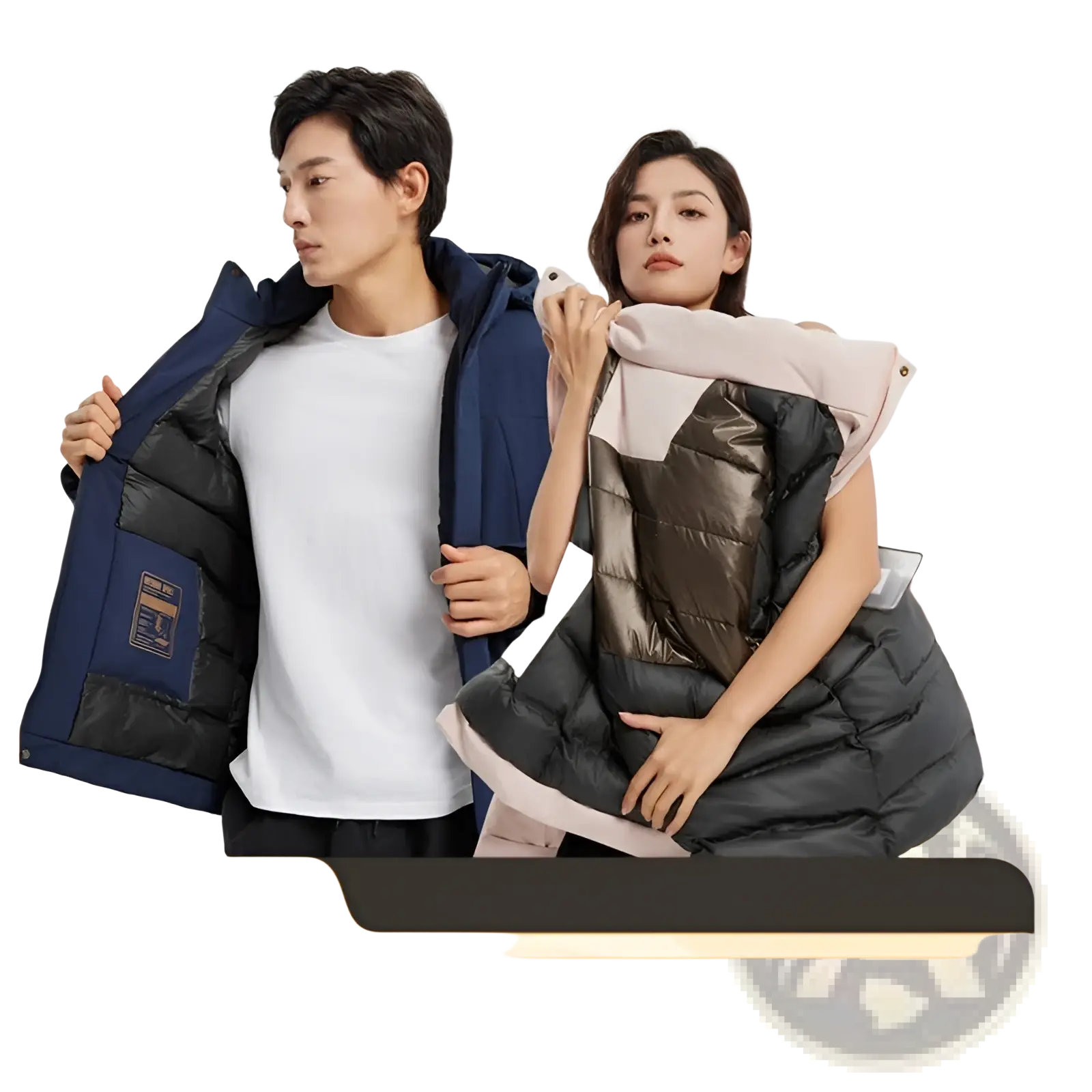 A windproof waterproof puffer vest with a quilted navy blue and metallic bronze color-block design and light pink trim