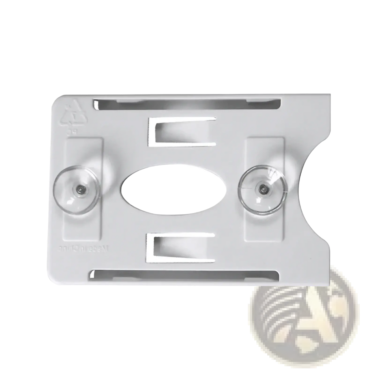 White plastic windshield card holder with two clear suction cups and central oval cutout for auto parking tickets