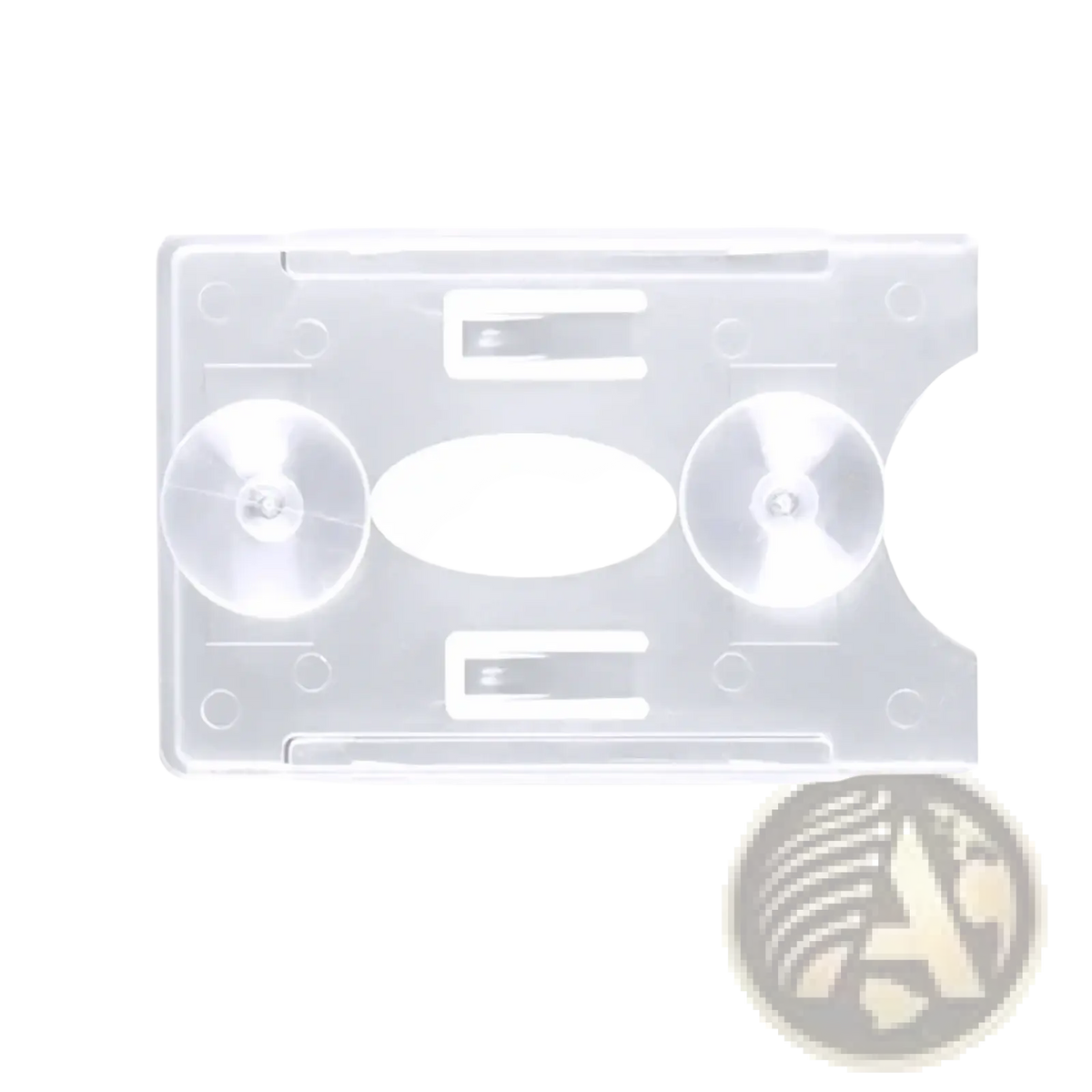 Clear plastic windshield card holder with two circular suction cups for securely displaying auto parking tickets