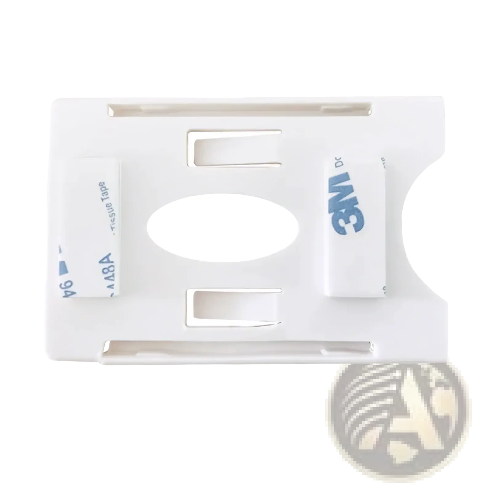 White plastic 3m adhesive mount with central oval cutout and slots for windshield card holder for auto parking tickets