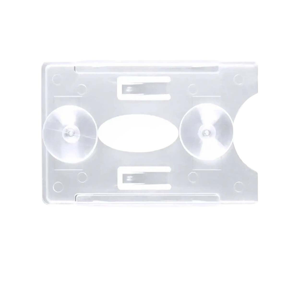 Clear plastic windshield card holder with two circular suction cups for securely displaying auto parking tickets